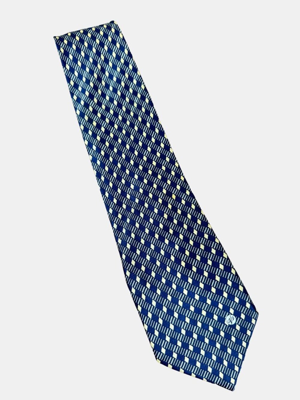 Vintage Versace V2 100% Silk Tie Navy and Gold Geometric Print